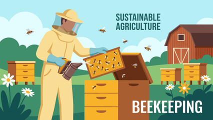 Beekeeper in protective suit inspecting honeycomb frame. Sustainable agriculture apiculture. Farmer working with smoker. Organic honey harvest. Rural farm nature landscape vector.