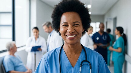 Smiling african american female nurse in blue scrubs standing in a hospital corridor with medical staff and patients in the background