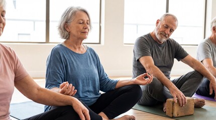 Group of senior people sitting in yoga poses with blocks on colorful mats in a bright room