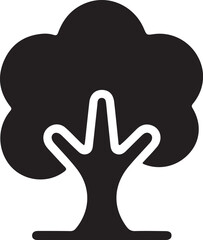 Obraz premium Stylized Tree Silhouette Icon Logo, Minimal black tree silhouette icon with rounded canopy and simple trunk, representing nature, growth, sustainability, and clean organic design.