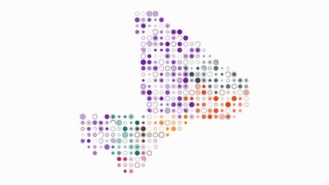 Mali animated country shape. Pulsating colored dots on the map of the country. Large size circle blocks. Digital style Mali map on white background. Simple animation video.