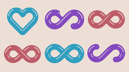 Obraz premium Six glossy 3d symbols with smooth rounded edges in blue purple and red colors