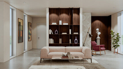 Naklejka premium Large luxury modern bright interiors Living room mockup illustration 3D rendering image