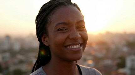 Smiling young african american woman with braided hair outdoors during sunset in city