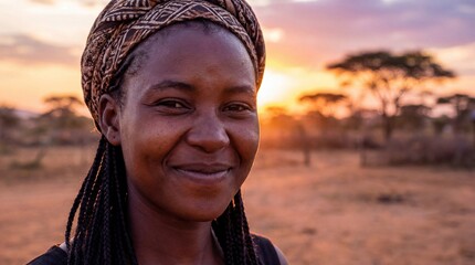 African woman smiling warmly at sunset in savannah landscape with trees