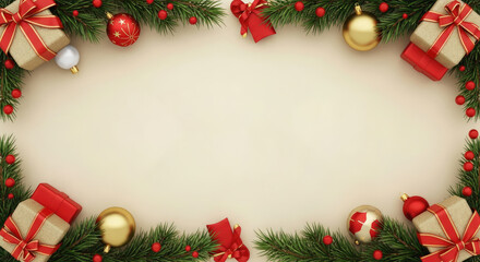 Christmas-themed frame with pine branches, red berries, and gold ornaments on a beige background.