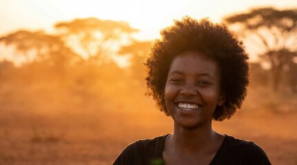 Smiling african woman with curly hair standing in a savannah at sunset with trees in the background