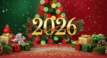 Christmas tree with ornaments and presents in front of a red and green background.