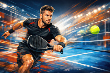 Conceptual background of padel tennis sport with male athlete with motion blur effect