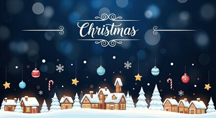 Christmas village with snow-covered houses, trees, and ornaments against a dark blue sky with bokeh lights.