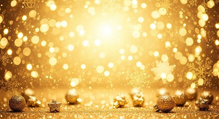 Golden Christmas ornaments against a sparkling background with snowflakes and bokeh lights.