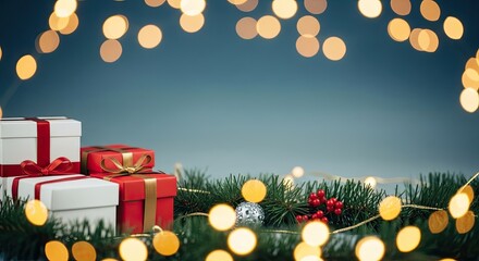 Christmas presents and decorations on a blue background with bokeh lights.