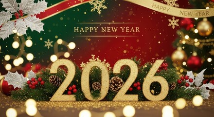 Christmas-themed background with a red and green ribbon, a Christmas tree, and a gold number 2026 on a golden surface with festive decorations.