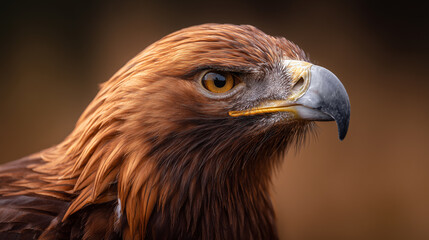 Naklejka premium Golden eagle with striking features and intense gaze perched against a softly blurred natural background, concept of wildlife conservation, biodiversity, endangered species and environmental awareness