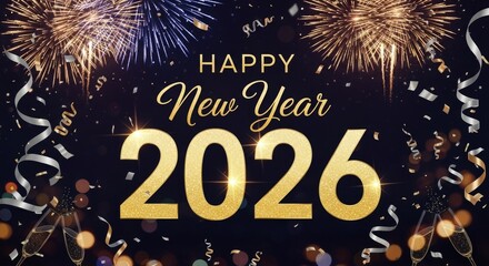 A festive New Year's Eve celebration with fireworks, confetti, and champagne glasses.