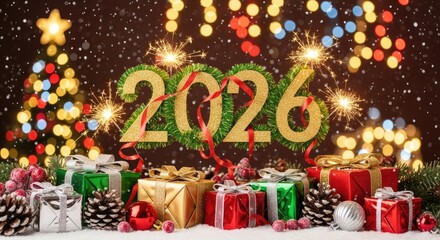 Christmas tree with presents and decorations against a dark background with lights.