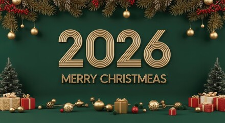 A festive green and gold Christmas-themed background with a 2026 year number and the words 'Merry Christmas' in gold letters.