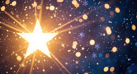A star shining brightly in a starry night sky with snowflakes and bokeh lights.