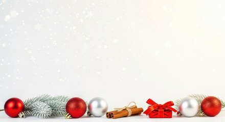 Christmas decorations with red and silver baubles, cinnamon sticks, and a red gift box on a white background with snowflakes.