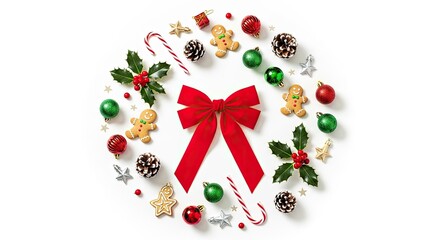 A festive Christmas wreath with red and green ornaments, a red bow, and holly leaves on a white background.