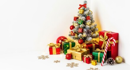 A small, decorated Christmas tree with presents and ornaments on a white background.