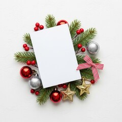 Christmas card with red and silver ornaments and green branches on a white background.
