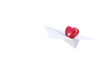 red heart with paper airplane flying for delivery 3D rendering