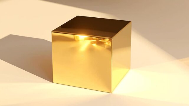 A gleaming gold cube sits on a neutral surface, bathed in soft, indirect sunlight, creating reflective effects