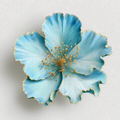 A closeup of a blue flower in bloom with delicate petals and leaves in a natural garden setting white background