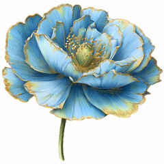 A closeup of a blue flower in bloom with delicate petals and leaves in a natural garden setting white background