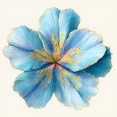 A closeup of a blue flower in bloom with delicate petals and leaves in a natural garden setting white background