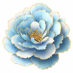 A closeup of a blue flower in bloom with delicate petals and leaves in a natural garden setting white background