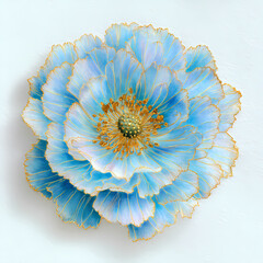 A closeup of a blue flower in bloom with delicate petals and leaves in a natural garden setting white background