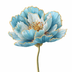 A closeup of a blue flower in bloom with delicate petals and leaves in a natural garden setting white background