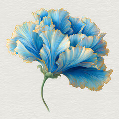 A closeup of a blue flower in bloom with delicate petals and leaves in a natural garden setting white background