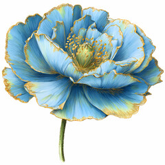 A closeup of a blue flower in bloom with delicate petals and leaves in a natural garden setting white background