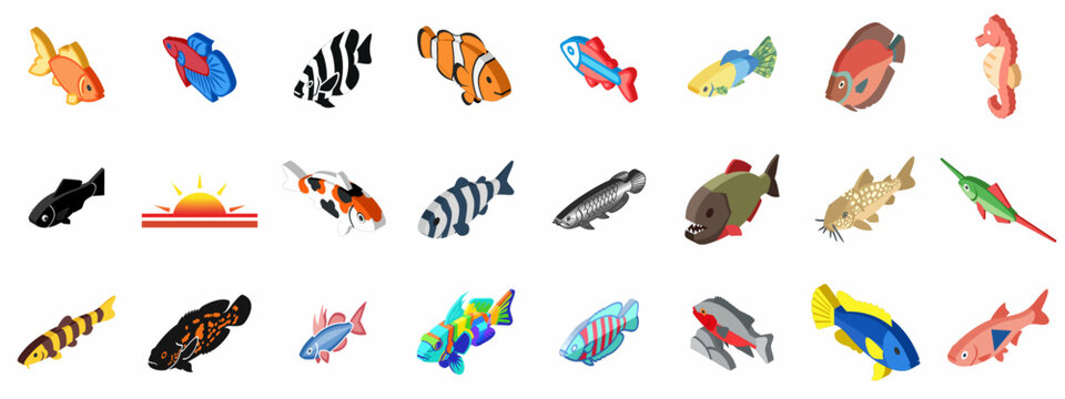 Diverse collection of isometric fish icons, featuring aquarium pets, freshwater, and marine species on a white background.