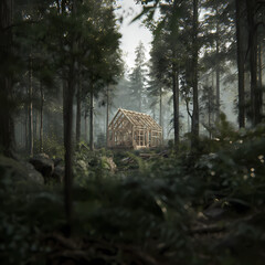 An old wooden house sitting quietly in the forest surrounded by trees and nature