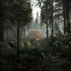 An old wooden house sitting quietly in the forest surrounded by trees and nature