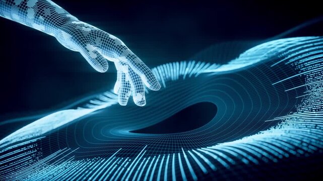 Cyberspace data lines with a virtual hand, 3d rendering 4k