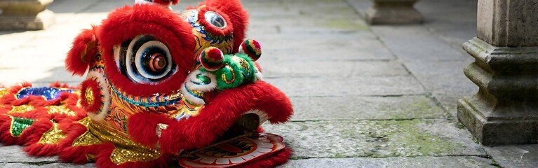 Obraz premium Vibrant Chinese Lion Dance Costume on Stone Pavement