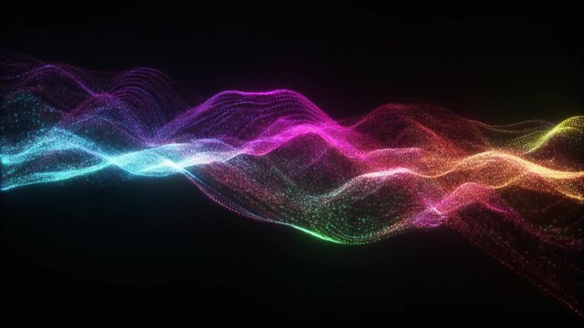 Digital abstract flowing energy wave pattern colorful neon flowing particle trails with shimmering dynamic motion and vibrant
