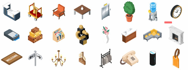 Hotel Lobby and Hospitality Isometric Vector Icons Collection. © Sabiqul