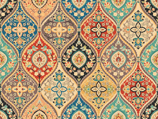Colorful Vintage Rug with Unique Patterns, repeating ogee motifs filled with smaller floral and paisley elements.