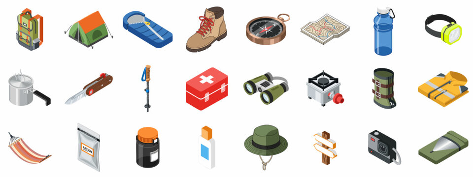 A comprehensive isometric icon set featuring essential gear for camping, hiking, and outdoor adventures, isolated on white.
