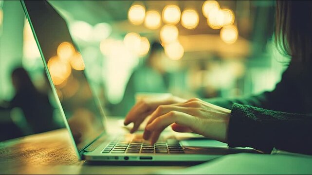 Close up of woman hands typing on laptop keyboard in coffee shop or cafe while working remotely