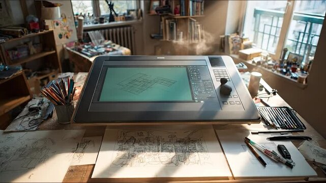 Digital Drawing Tablet Displaying Architectural Blueprint in Sunny Creative Studio Workspace