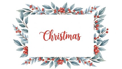 A festive Christmas frame surrounded by leaves and red berries in a rectangular border