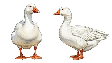 Two white geese standing on orange feet, one facing forward and the other sideways, in a clean white environment.