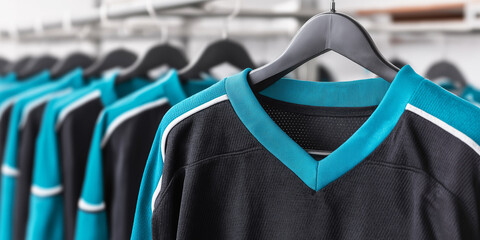 Rows of hockey jerseys hanging on hangers in a locker room, symbolizing teamwork, dedication, and sports preparation